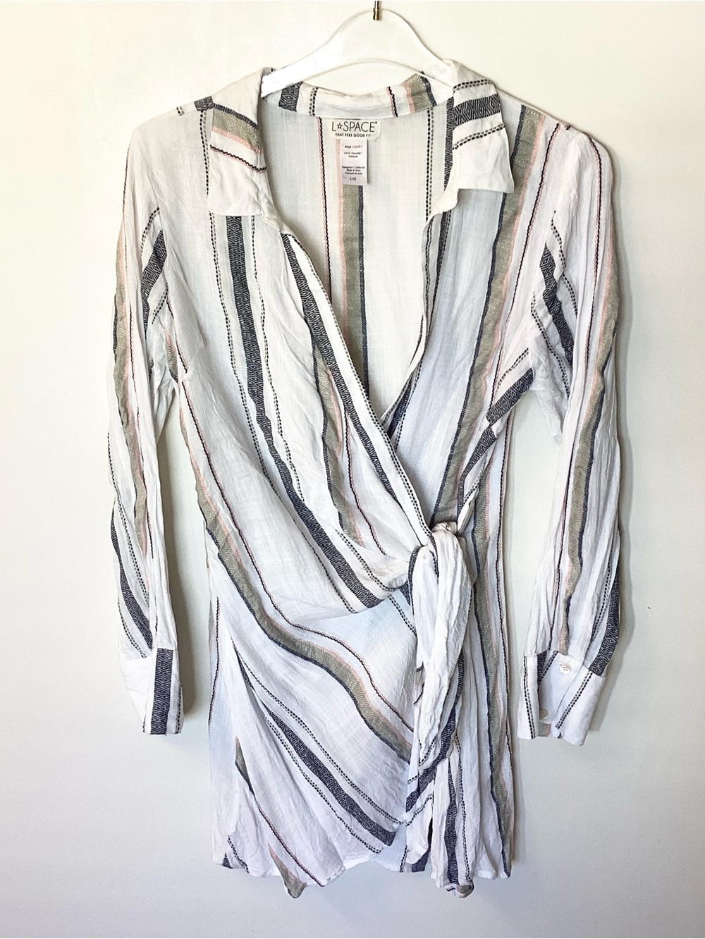 L*Space Long Sleeve Striped Daydream Tunic Wrap Dress Swim Coverup - L